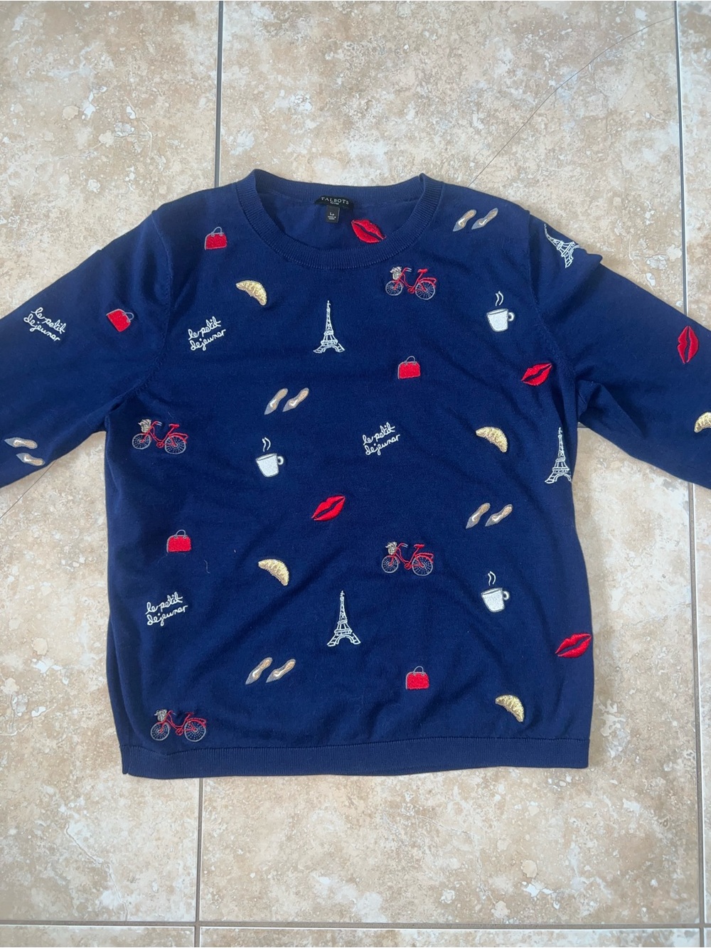 Talbots Navy Blue Paris Embroidered Knit Crewneck Sweater Eiffel Tower Size LP